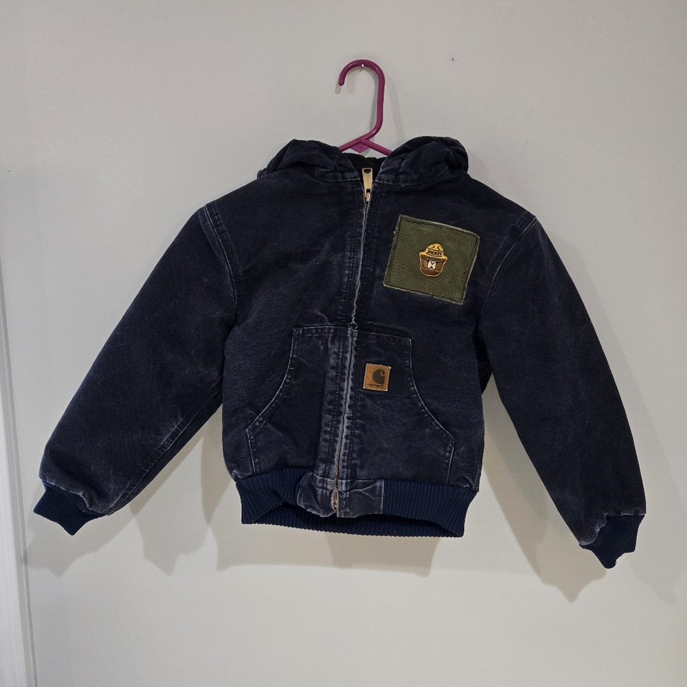 VINTAGE Carhartt Jacket Youth Small Blue Hooded Lined Canvas YYJ130 MDT Y2K